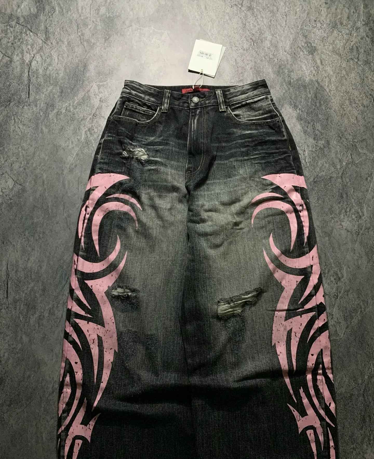 Pink Flame Emblem Doodle Print Jeans