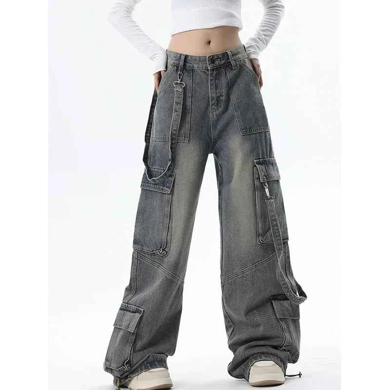 Women Gray High Waist Wide Leg Blue Baggy Jeans