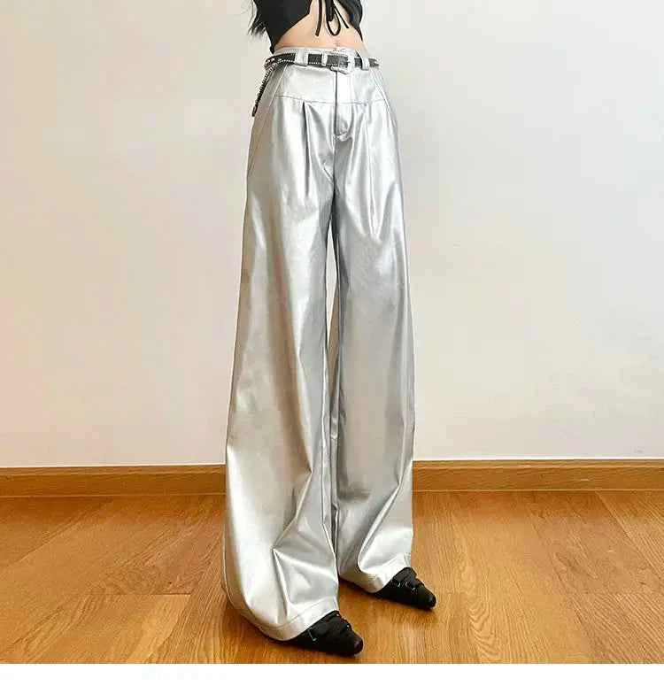 Y2K Women Streetwear Hip Hop Silver Leather Pants