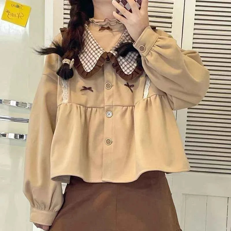 Women Cool Chic Korean Patchwork Peter Pan Shirt