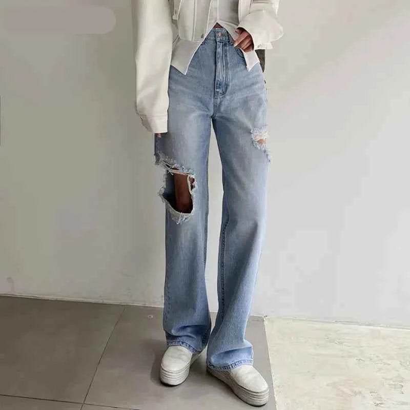 Stylish High Waist Ripped Denim Jeans