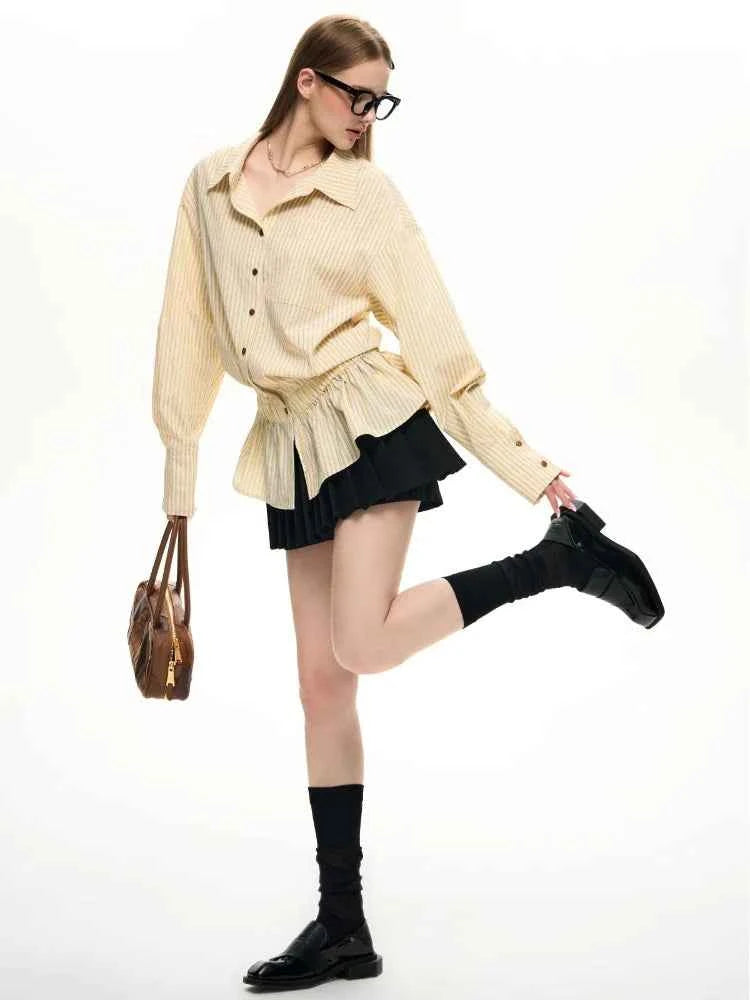 Yellow Striped Patchwork Pleated Dress Shirt