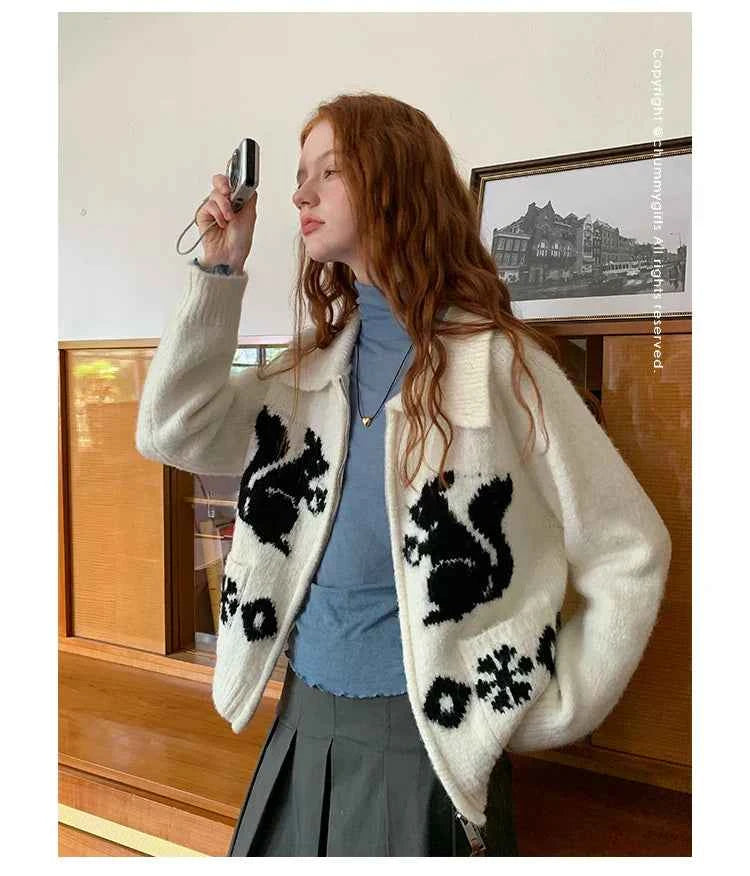 Cute Oversized Squirrel Graphic Cardigan