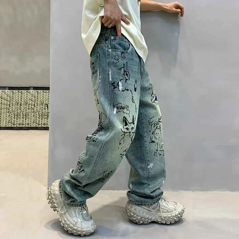 Men Personalized Graffiti Printing Casual Jeans