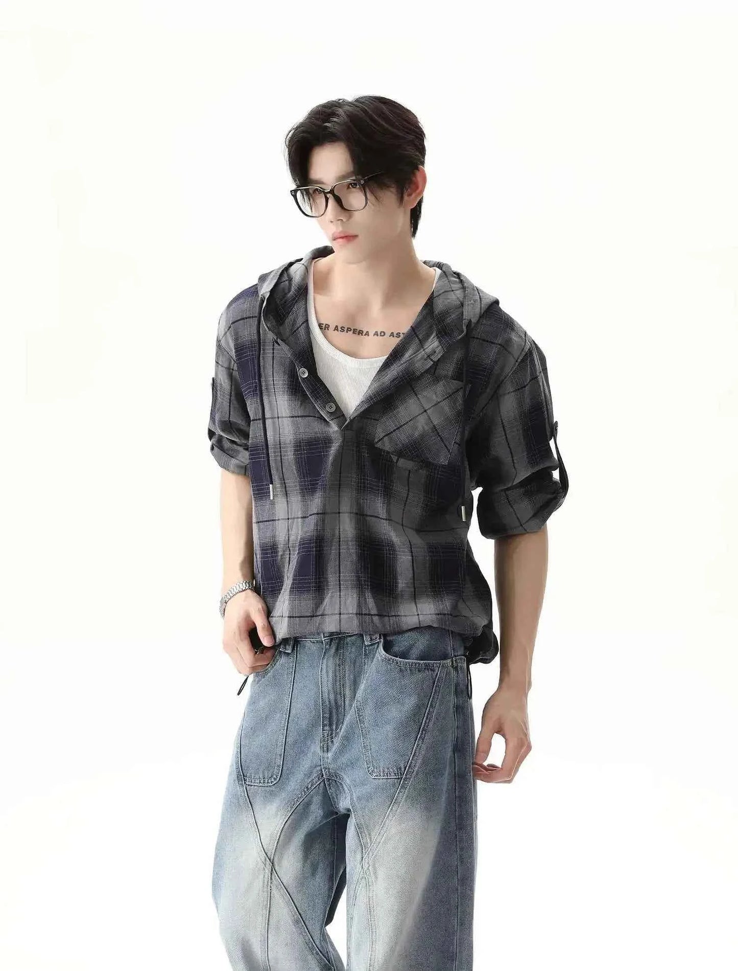 Streetwear Plaid Drawstring Hooded T-Shirt