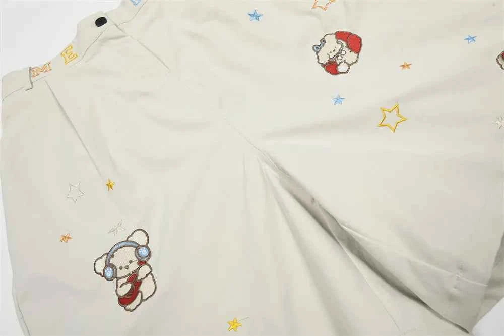 Elastic Waist Cartoon Embroidery Casual Short