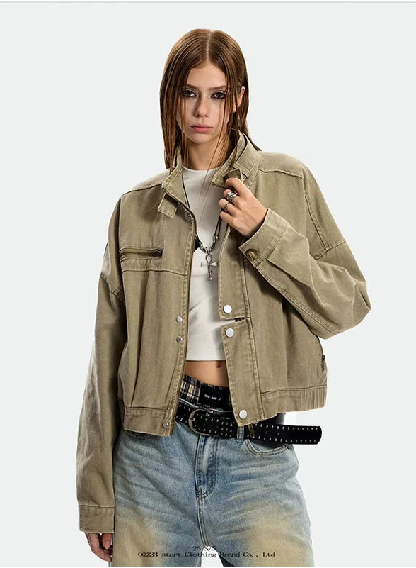 Streetwear Slim Fit Cropped Zipper Denim Jacket - Luxuryurbanwear