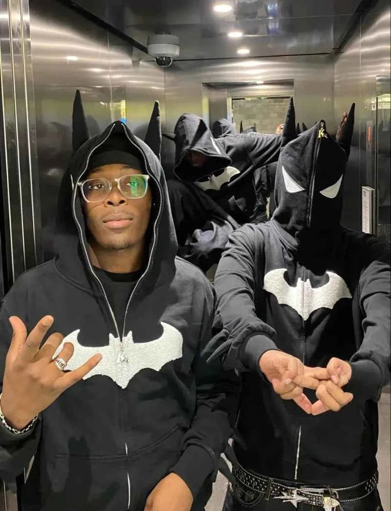 Y2K Oversized Embroidered Zip-Up Bat Man Hoodie
