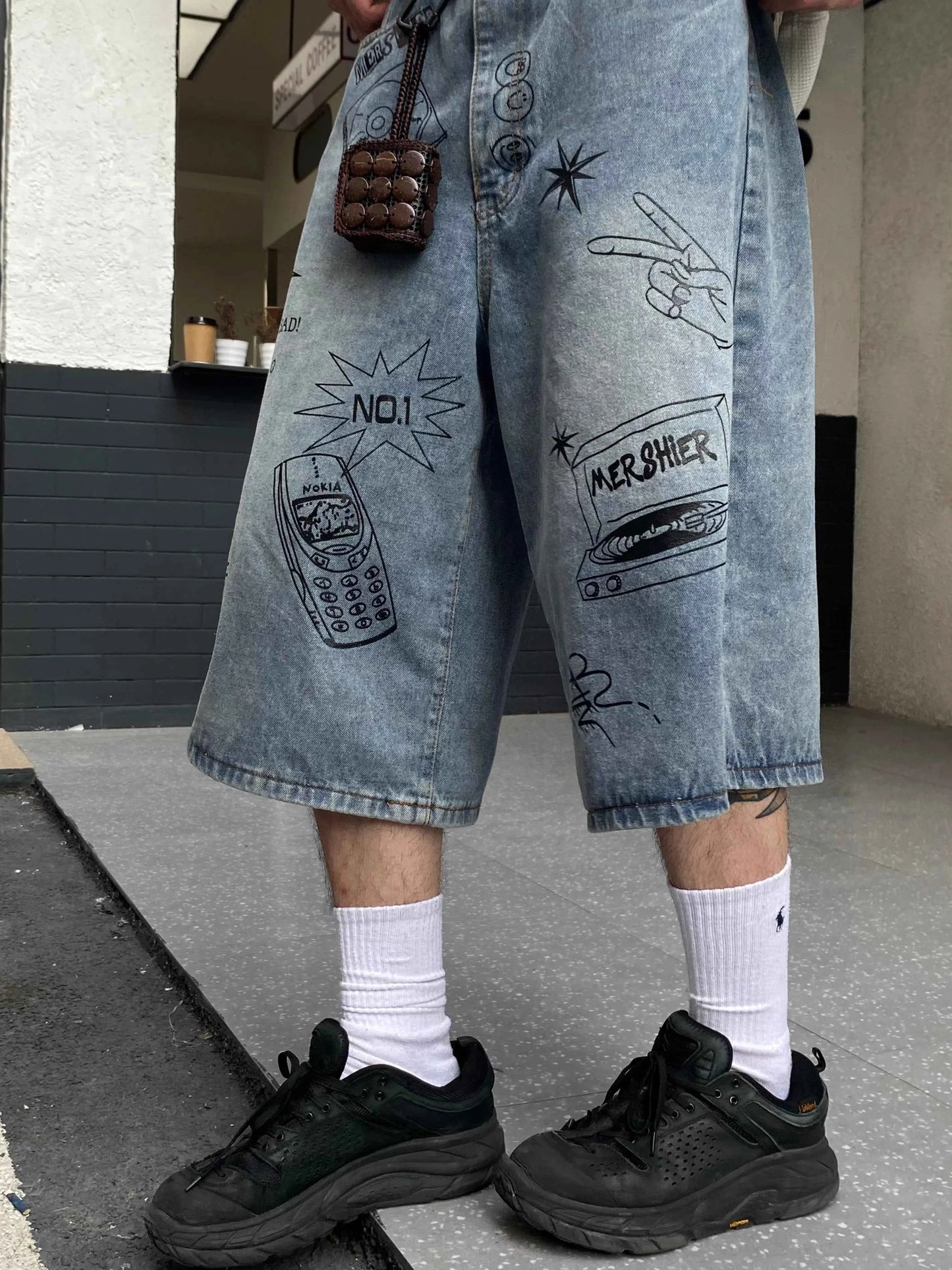 Apex Graffiti Print Vintage Denim Short