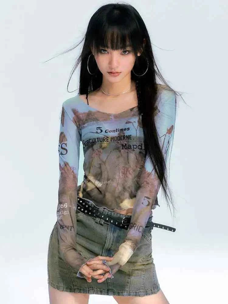 Sheer Mesh Letter Print Long T-Shirt