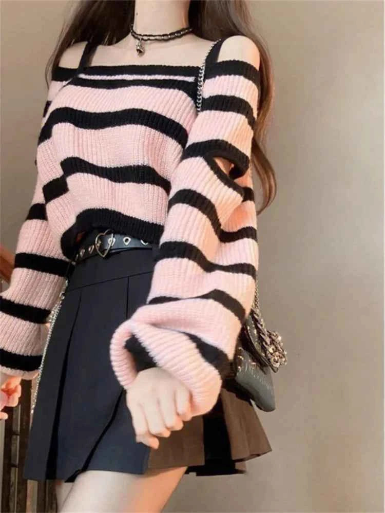 Striped Loose Knitted Cropped Sweater