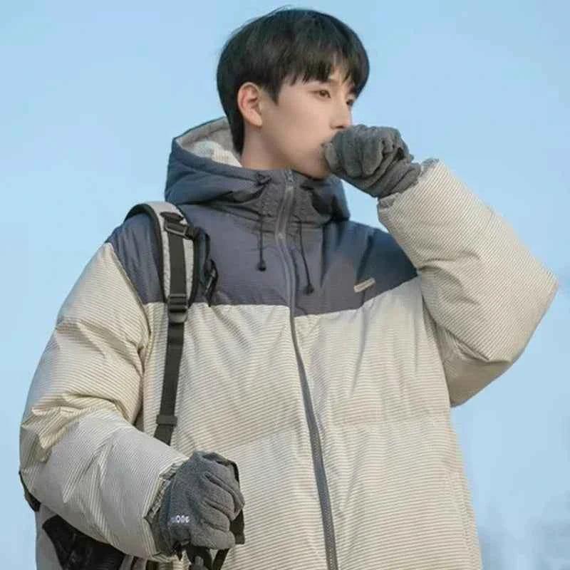 Patchwork Fashionable Hooded Fluffy Puffer Jacket