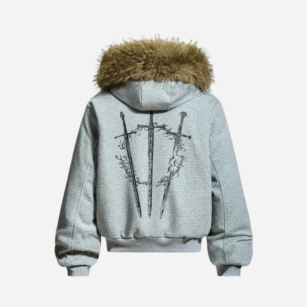 Streetwear Grim Reaper Print Fur Hooded Jacket