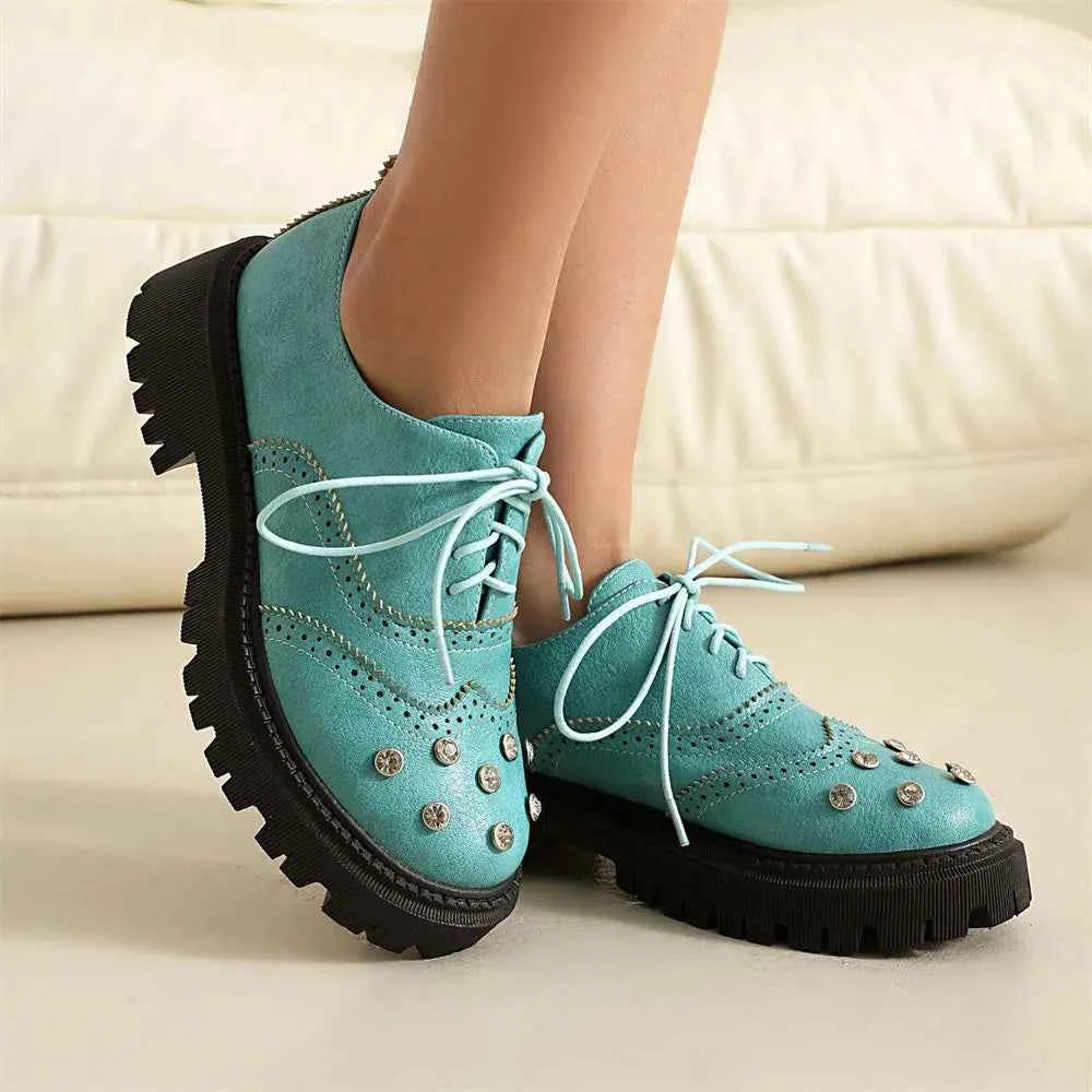 Vintage Rhinestone Brogue Lace-Up Chunky Heels Shoes