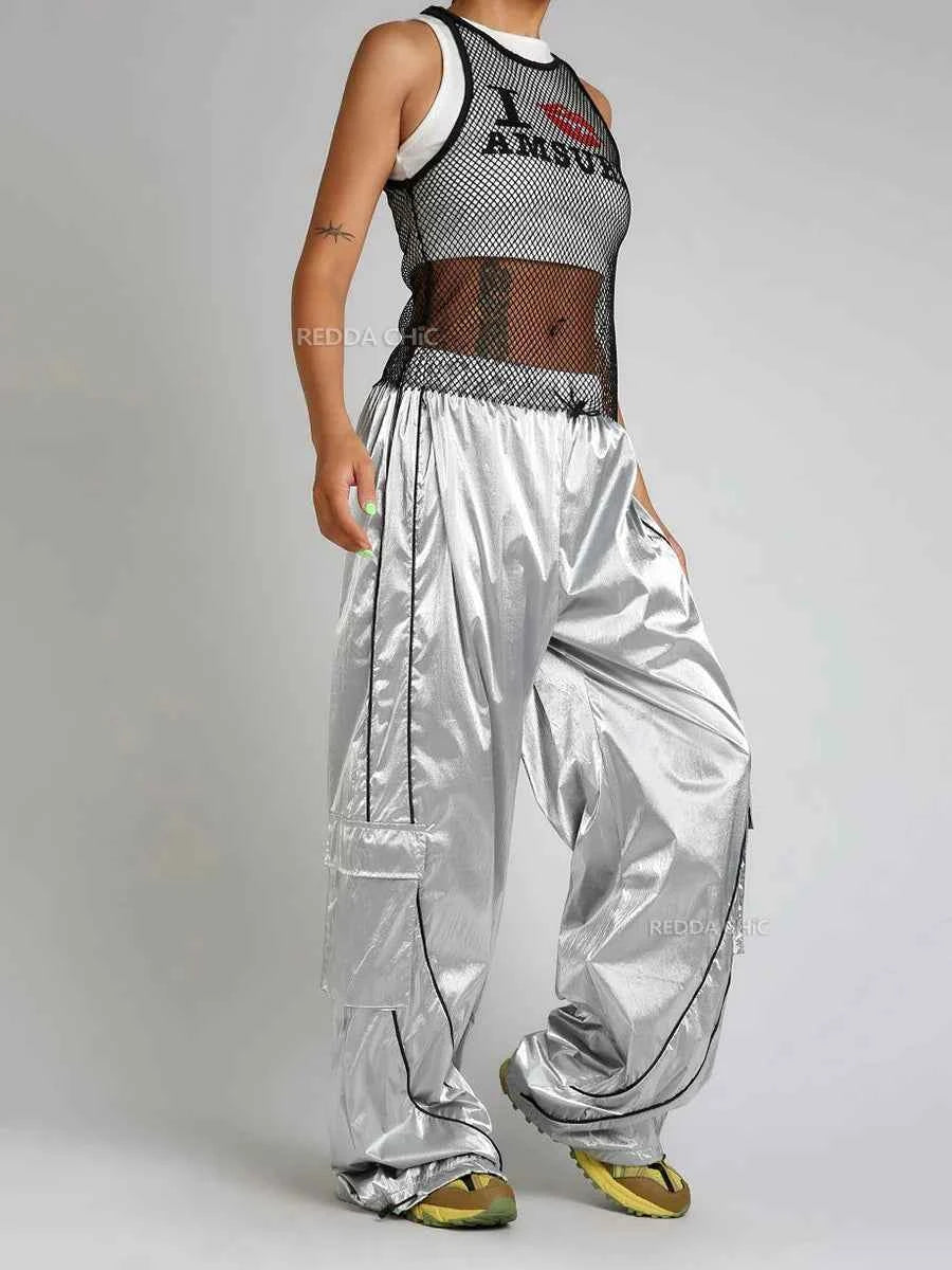 Vintage Silver Metallic Parachute Leather Pants