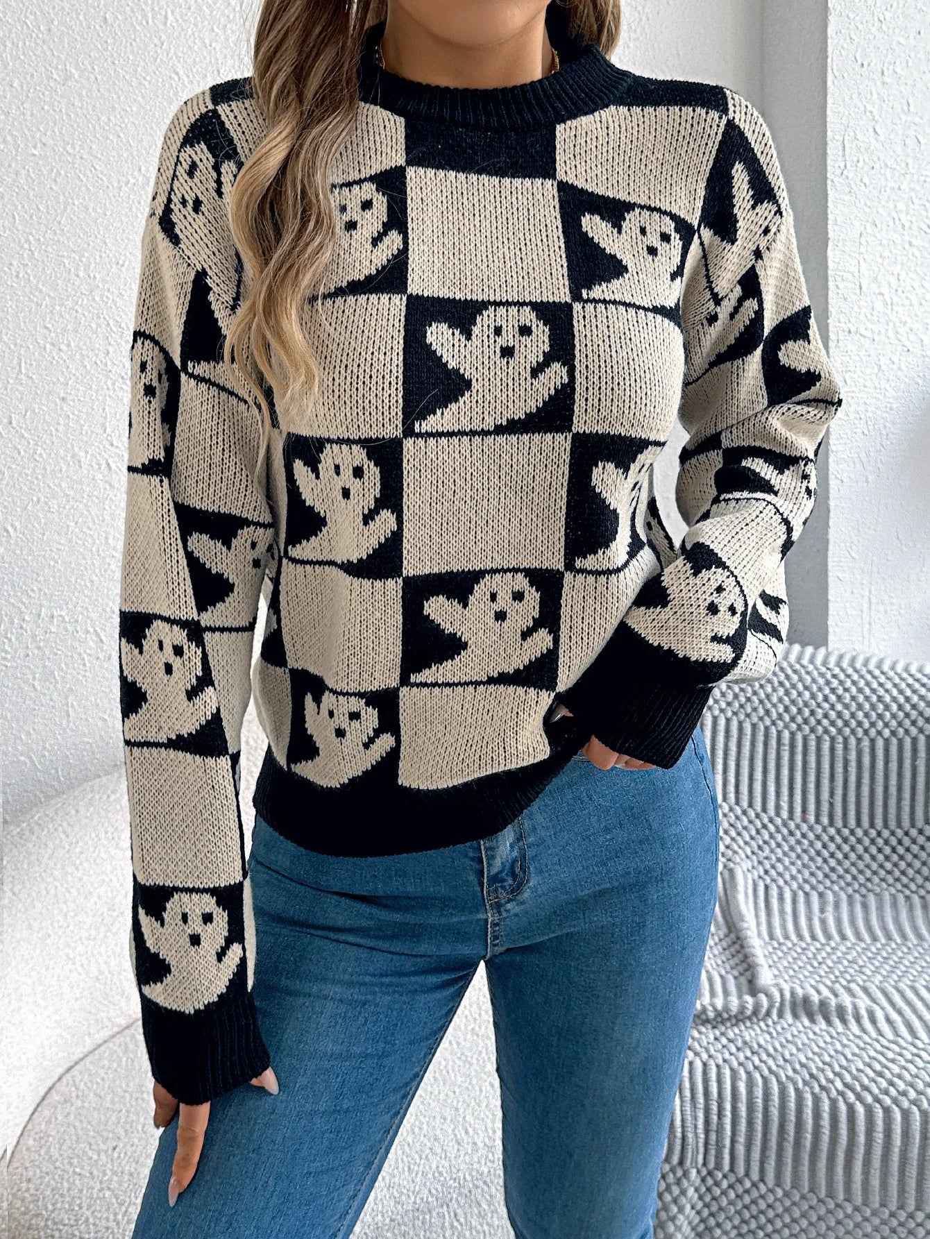 Y2K Signature Halloween Plaid Knitted Sweater