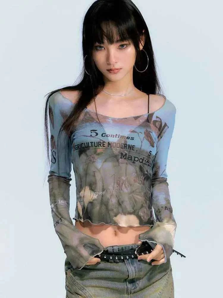 Sheer Mesh Letter Print Long T-Shirt