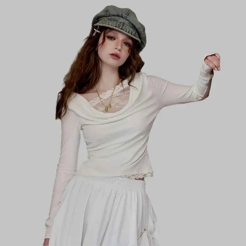 White Lace Pleated Round Neck T-Shirt