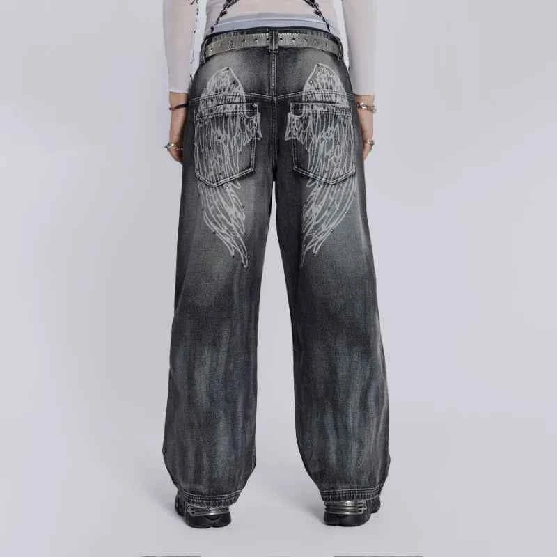 Vintage Wing Pattern Baggy Wide Leg Jeans