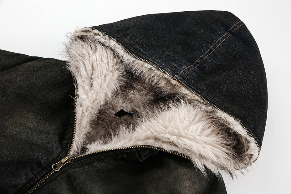Coal Black Washed Fur Hooded Jacket