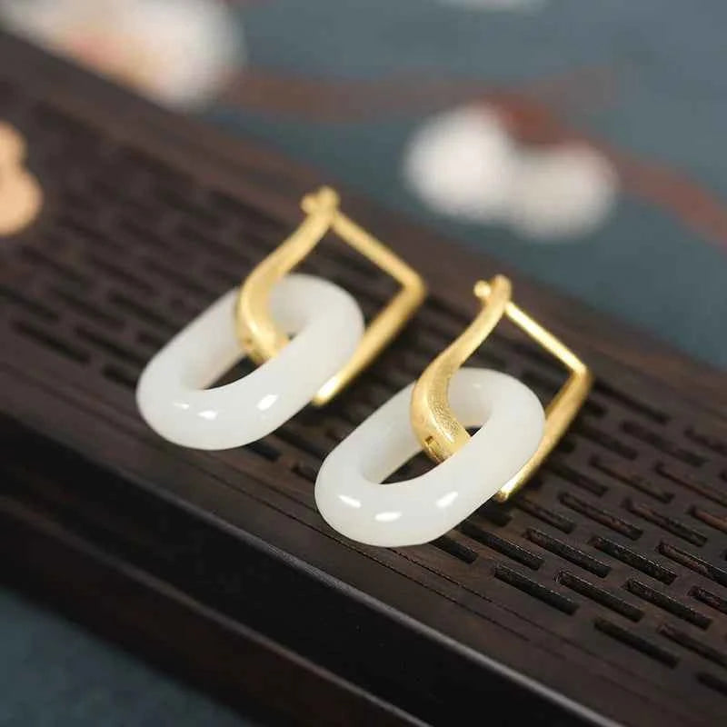 Gold Hetian Jade Geometric Irregular Earrings