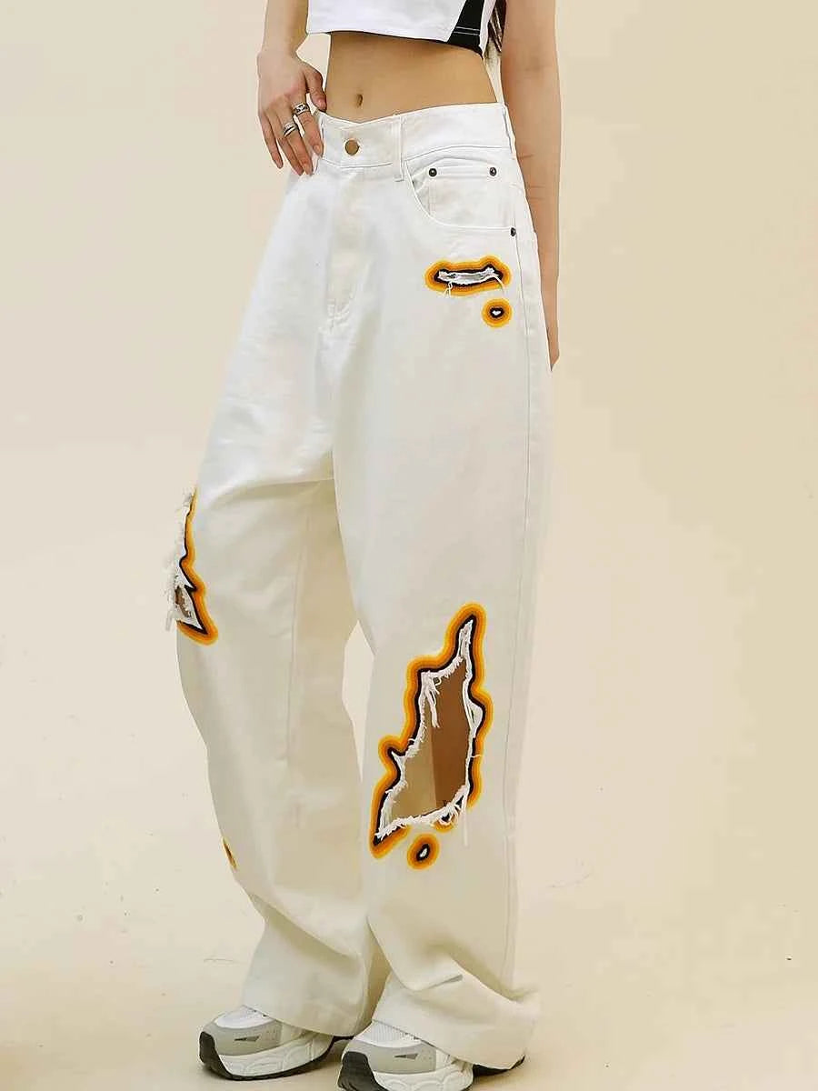 Womens Retro Flame Loose Ripped Jeans