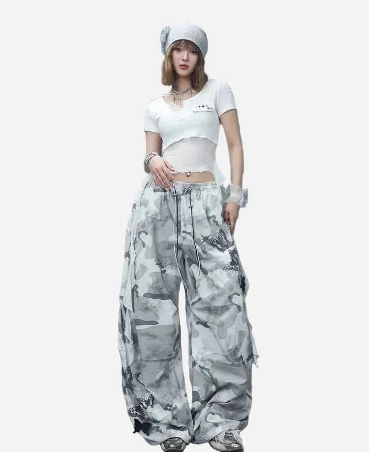 Butterfly Print Wide Leg Camo Sweatpants