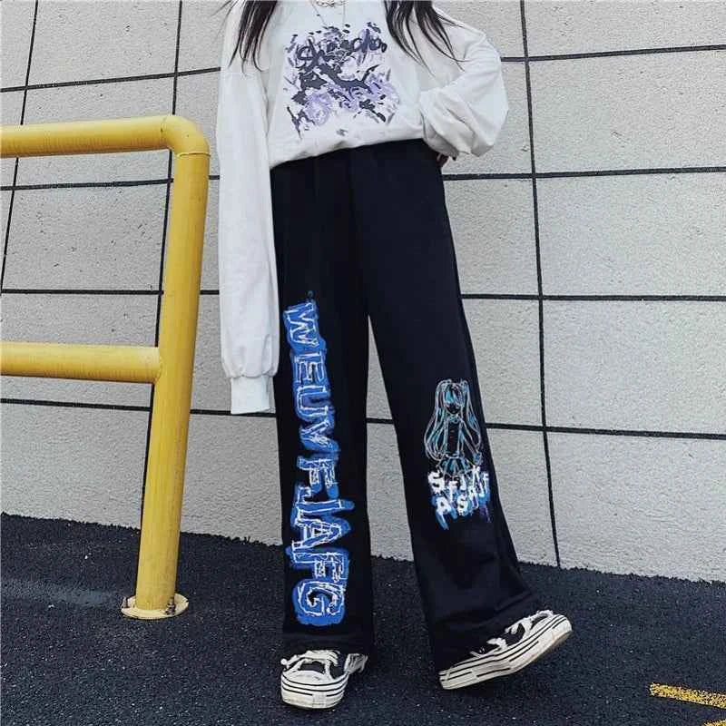 Retro Anime Print Oversized Wide Sweatpants