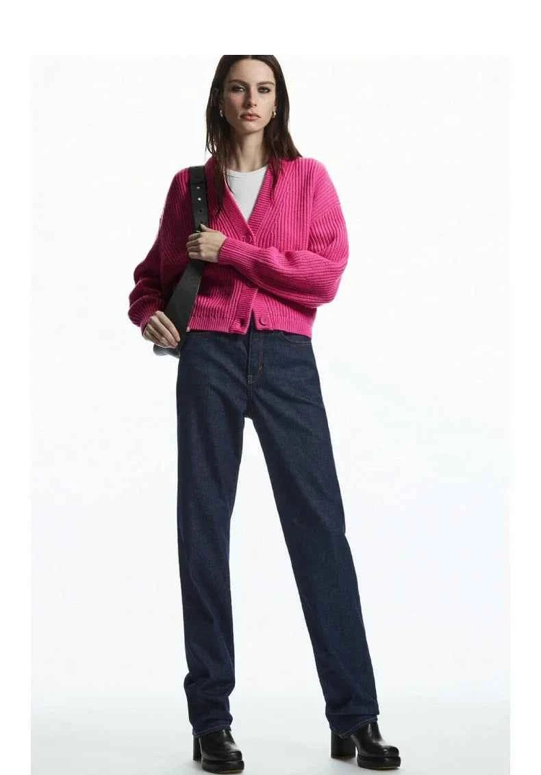 Ethereal Pink Casual Winter Rib V-Neck Cardigan