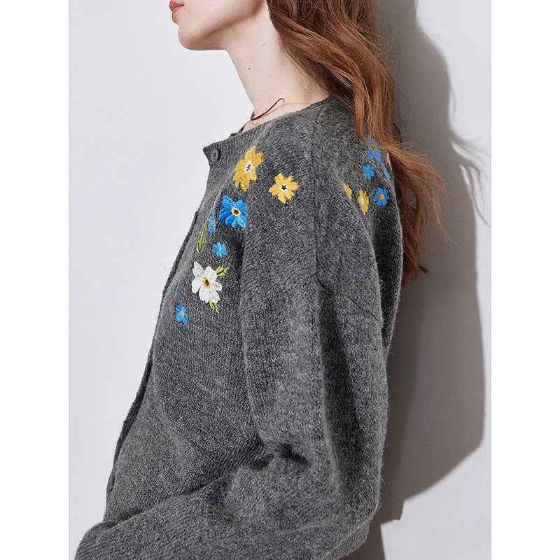 Floral Embroidered Round Neck Cardigan