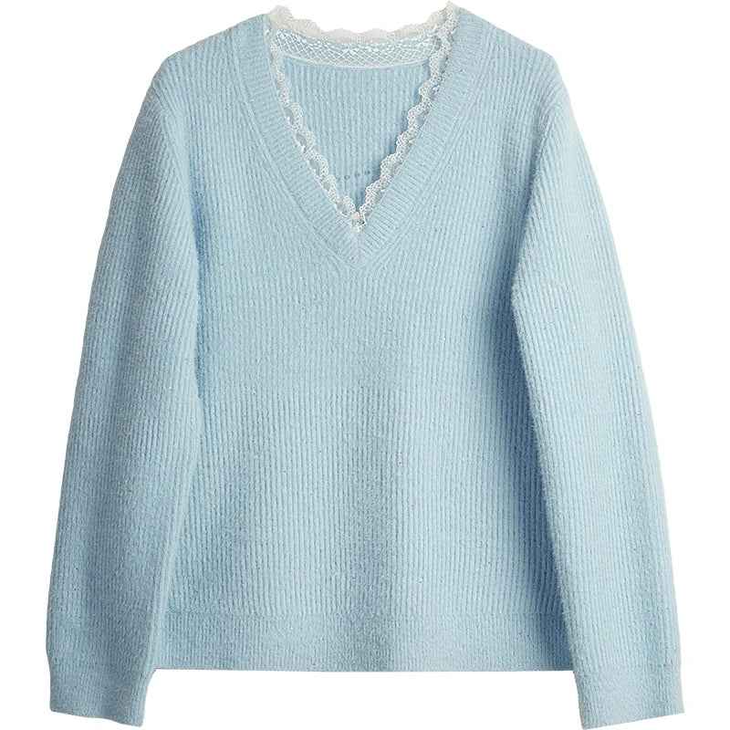 Elegant French Lace V-Neck Collar Knit Sweater