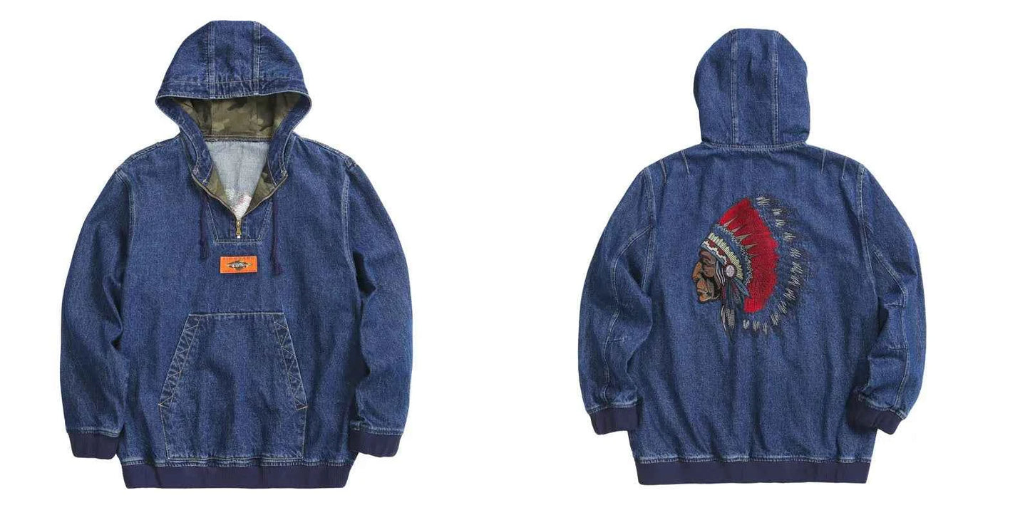 Streetwear Casual Loose Half Zipper Denim Hoodie