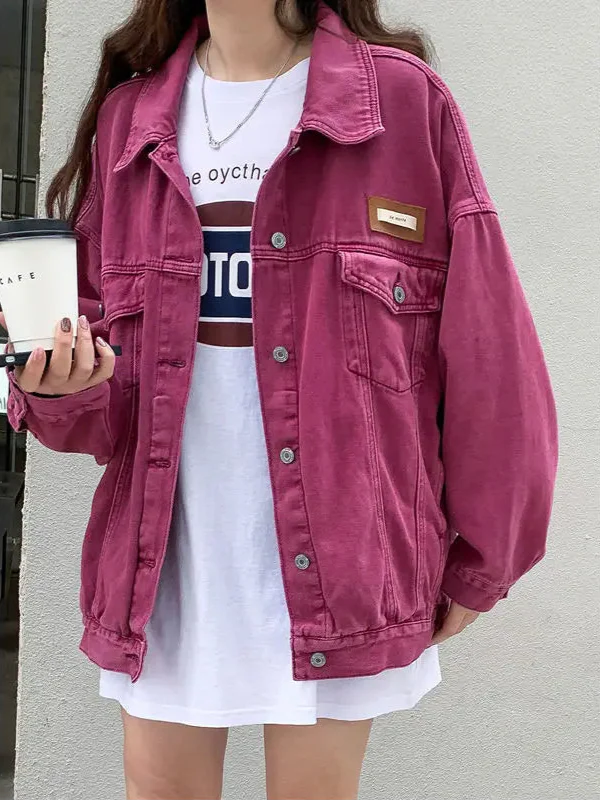 Women Rose Pink Buckle Loose Denim Jacket - Luxuryurbanwear