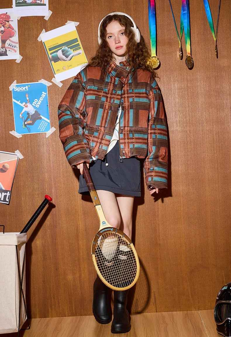 Women American Style Plaid Puffer Jacket