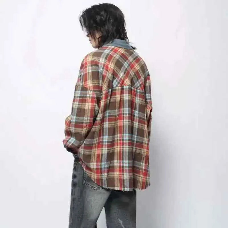 Fashionable Vintage Plaid Frayed Edge Long Sleeve Shirt