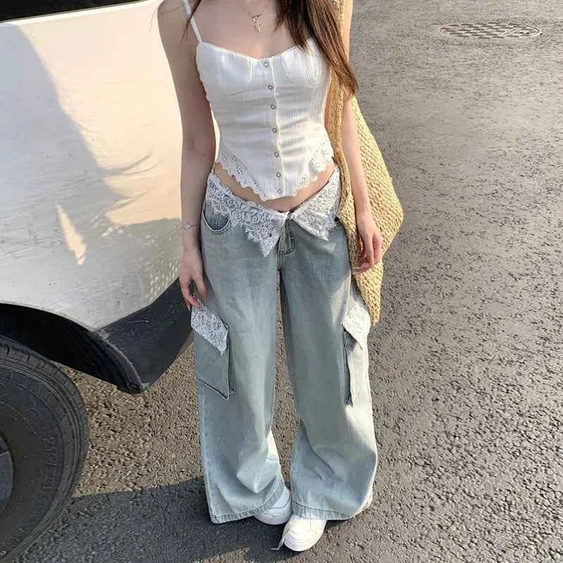 Plush Vintage Lace Trim Cargo Jeans