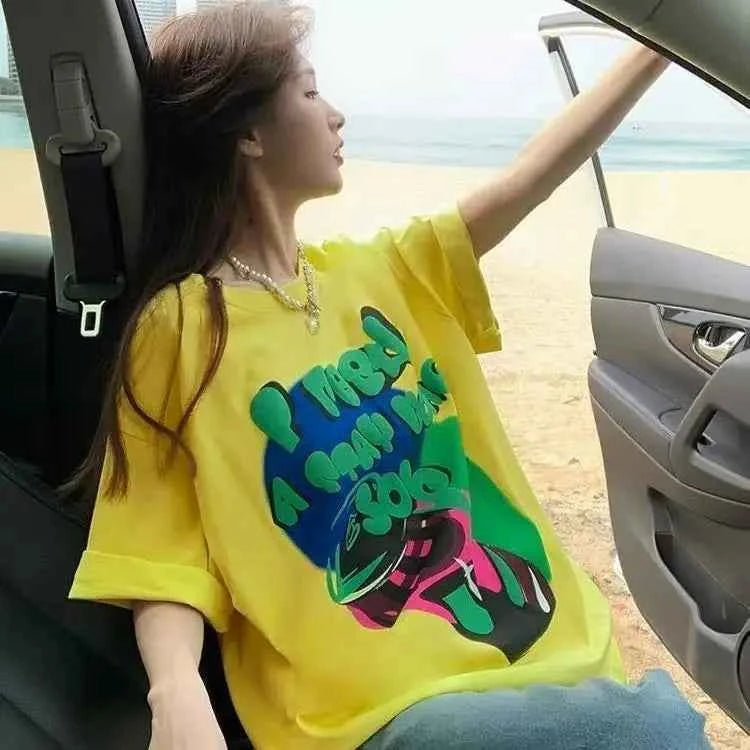 Street Style Fit Yellow Cotton Short-Sleeved T-Shirt