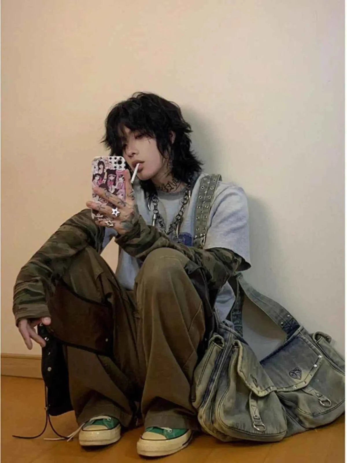 Streetwear Retro Vintage Long Sleeved Camo T-Shirt