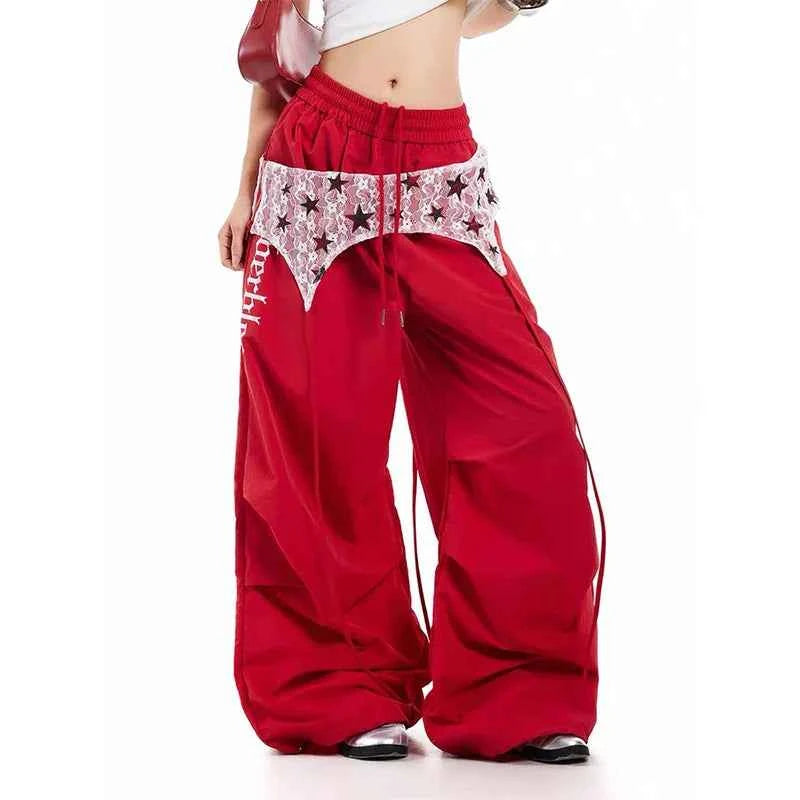 Durable Red Oversized Parachute Cargo Jogger