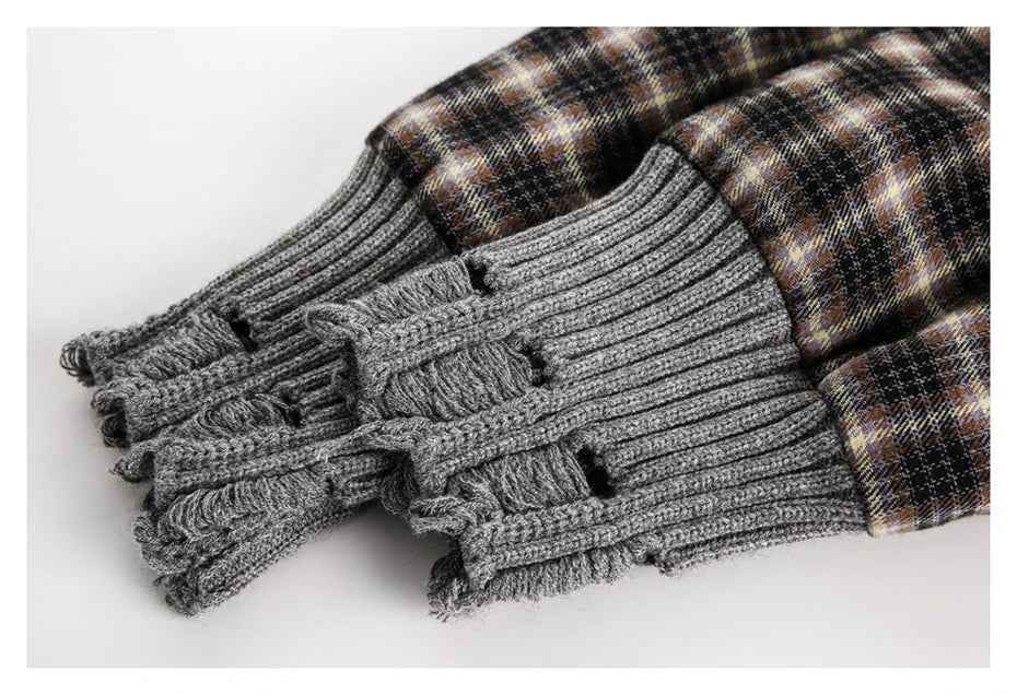 Streetwear Plaid Ripped Hole Unisex Knit Splicing Jacket