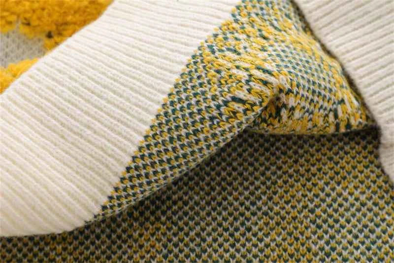 Sunflower Pattern Textured Knit Sweater