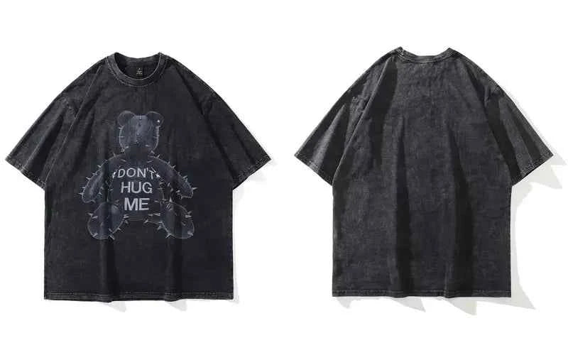 Streetwear Punk Bear Graphic Print Washed Oversized T-Shirt
