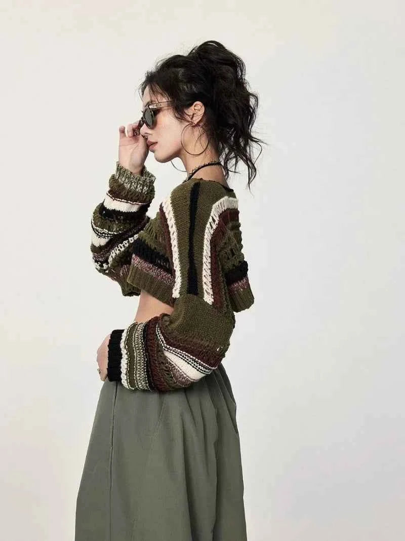 Green Stripe Hollow Out Knit Sweater