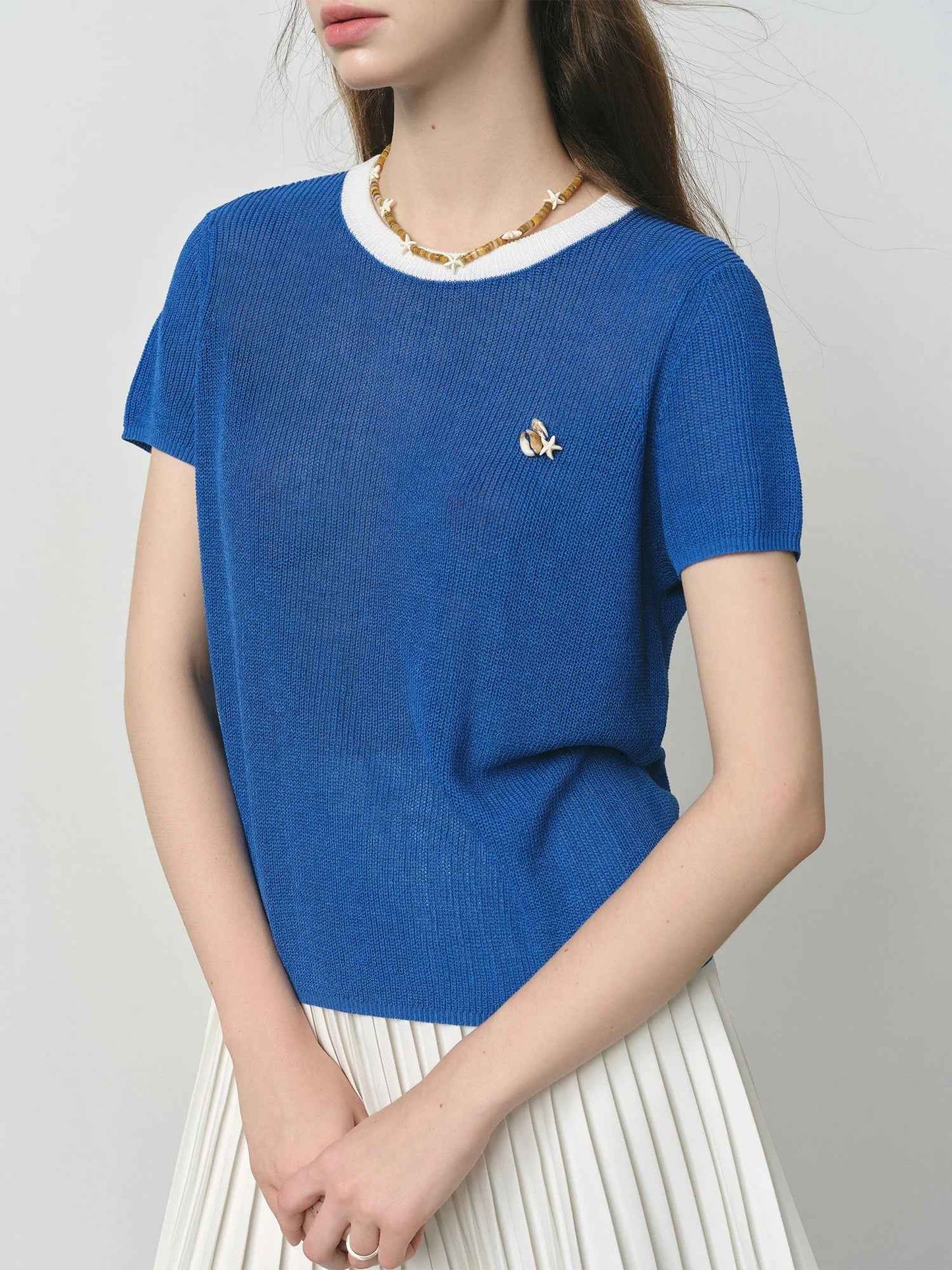 Women Retro Casual Blue Nautical Style Knit T-Shirt