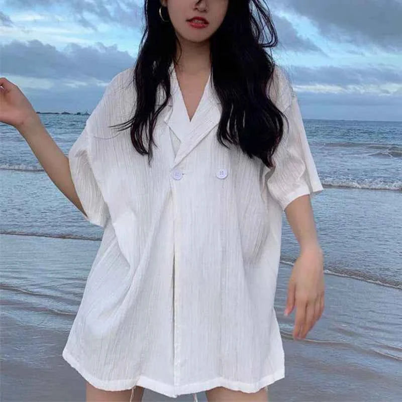Women White Button Down Casual Korean Style Shirt