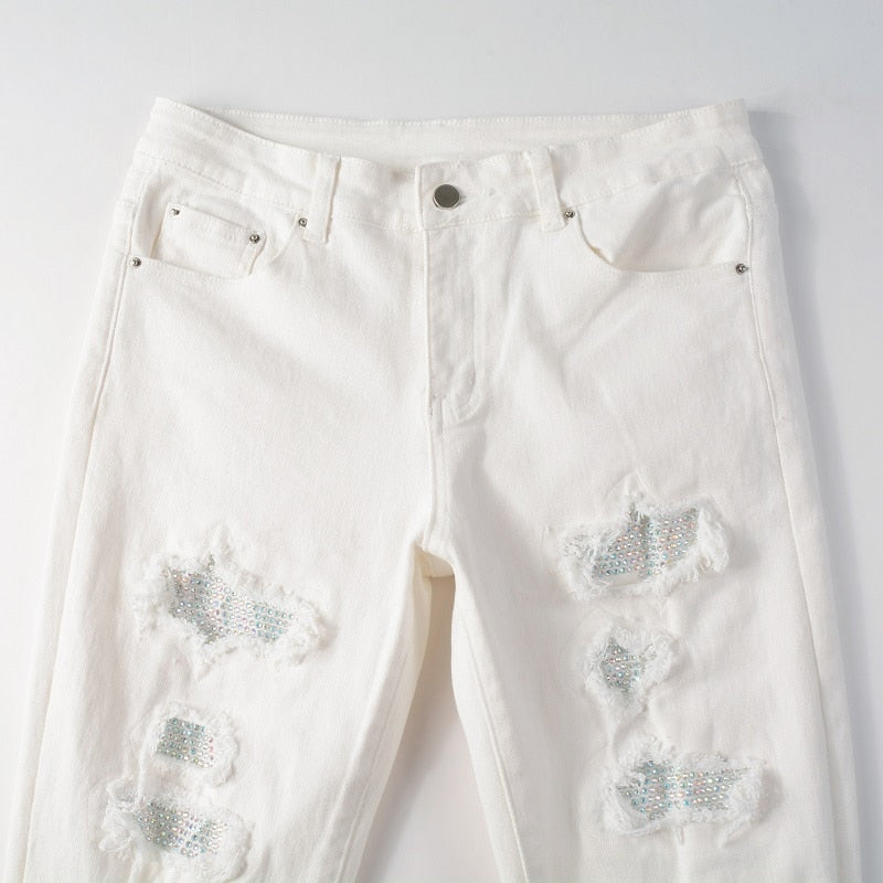 White Distressed Rhinestone Slim Jeans