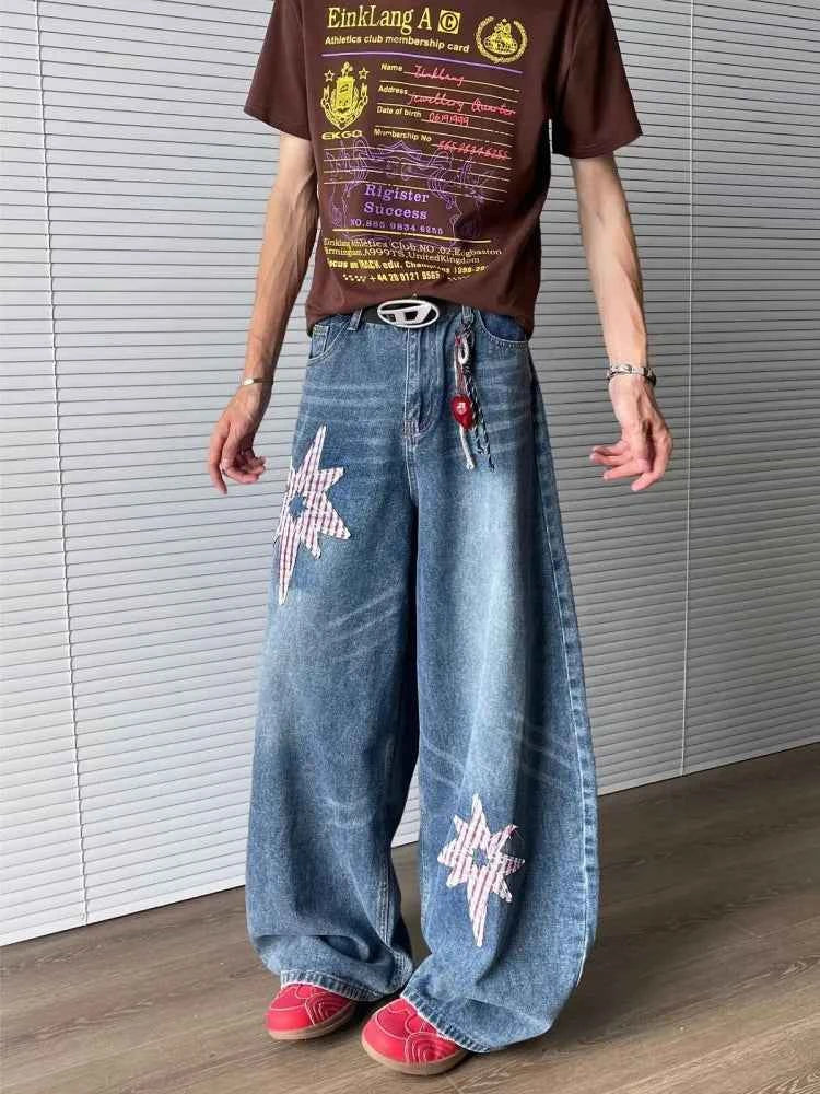 Star Embroidery Baggy Stacked Hip Hop Jeans