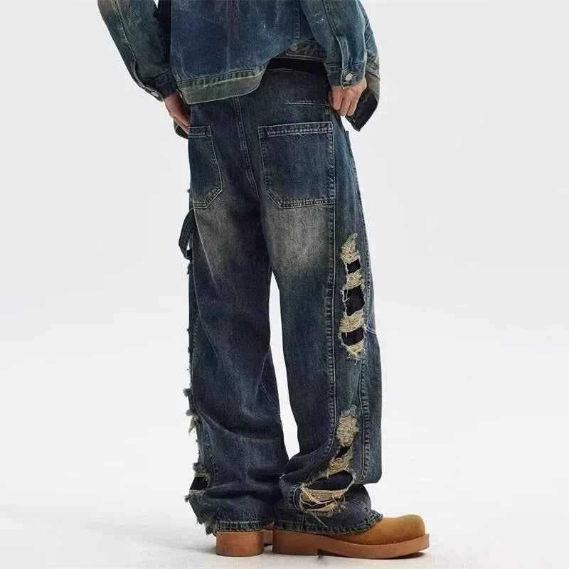 Vintage Distressed Cutting Wide Leg Denim Jeans