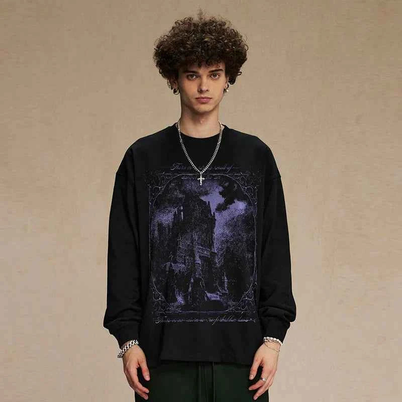 Scary Castle Graphic Long Sleeve T-Shirt