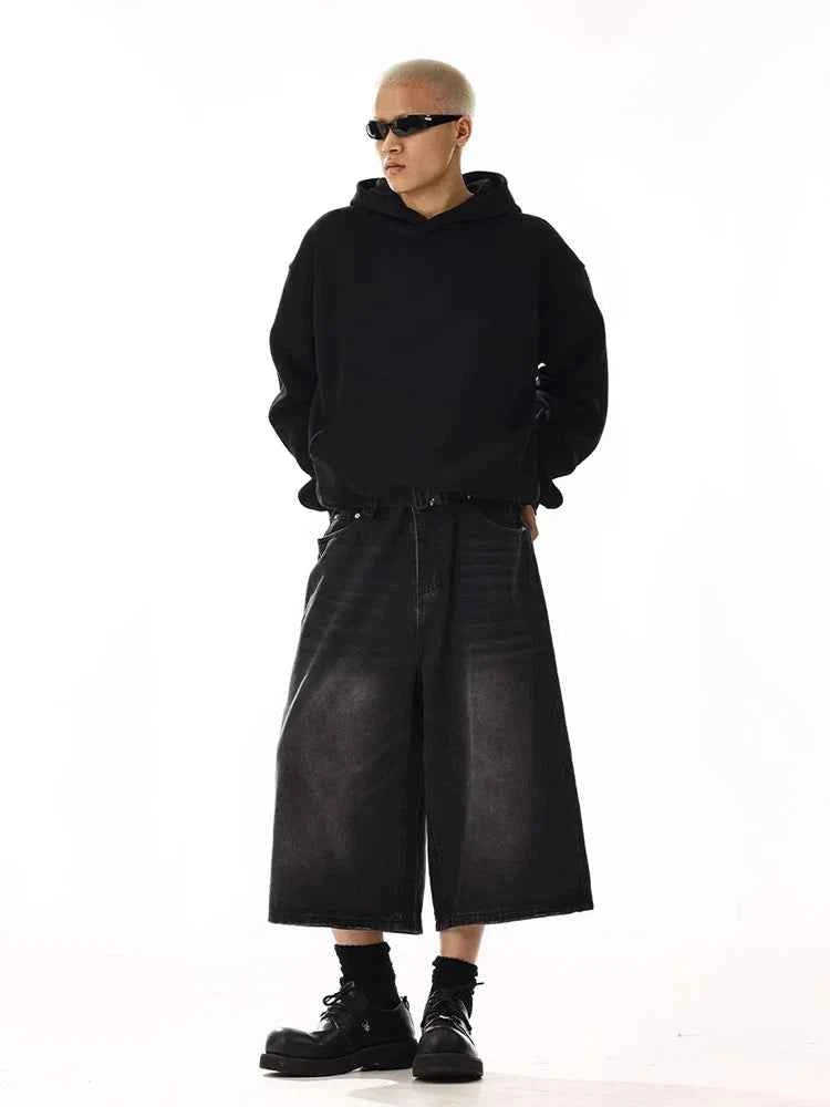 Men Black Wide Leg Cleanfit Denim Jorts
